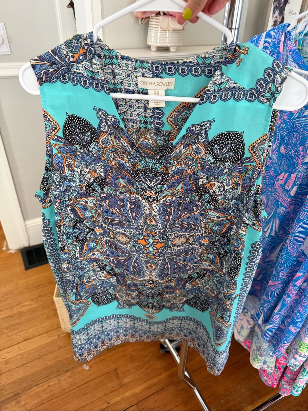 Cynthia Rowley Turquoise Paisley V-Neck Sleeveless Blouse